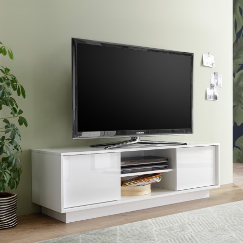 Meuble TV moderne blanc laqué 138cm 2 portes Dener Ice Promotion