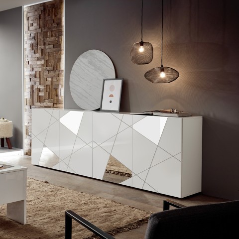 Buffet salon 4 portes 241cm blanc brillant miroir Vittoria WH L Promotion