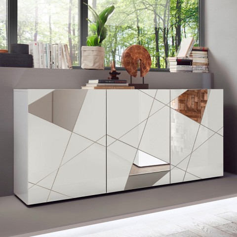 Buffet moderne blanc brillant 181 cm 3 portes miroirs Vittoria WH S Promotion