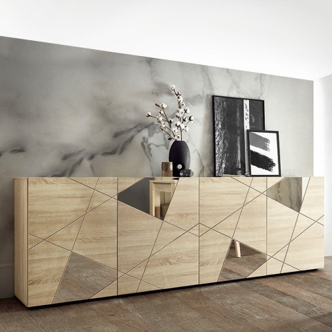 Buffet moderne en bois de chêne 241 cm 4 portes miroirs Vittoria RS L Promotion
