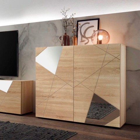 Buffet haut en bois de chêne à 2 portes miroir 121cm Vittoria Glam RS Promotion