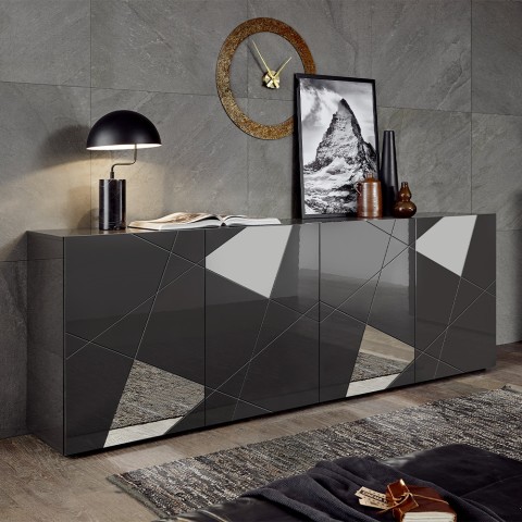 Buffet moderne 4 portes gris brillant avec miroirs Vittoria GR L Promotion