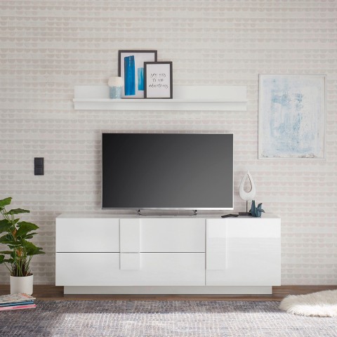 Meuble TV design blanc brillant 1 porte 2 tiroirs Jupiter WH T1 Promotion