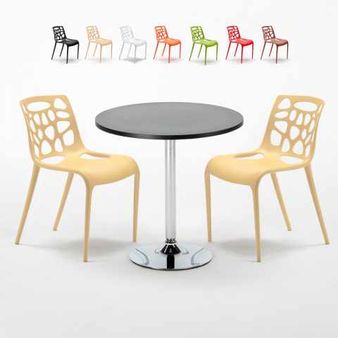 Table ronde noire 70x70 et 2 Chaises Colorées bar café Gelateria Cosmopolitan