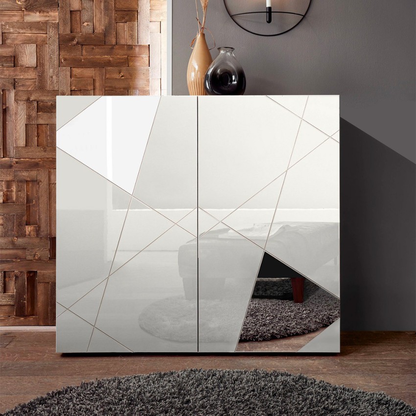 Buffet de salon blanc 2 portes design géométrique Vittoria Glam WH Promotion