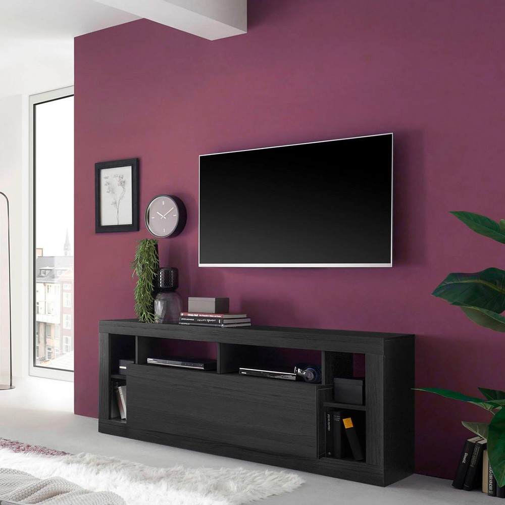Meuble TV mobile moderne en bois noir avec porte abattante Misia NR