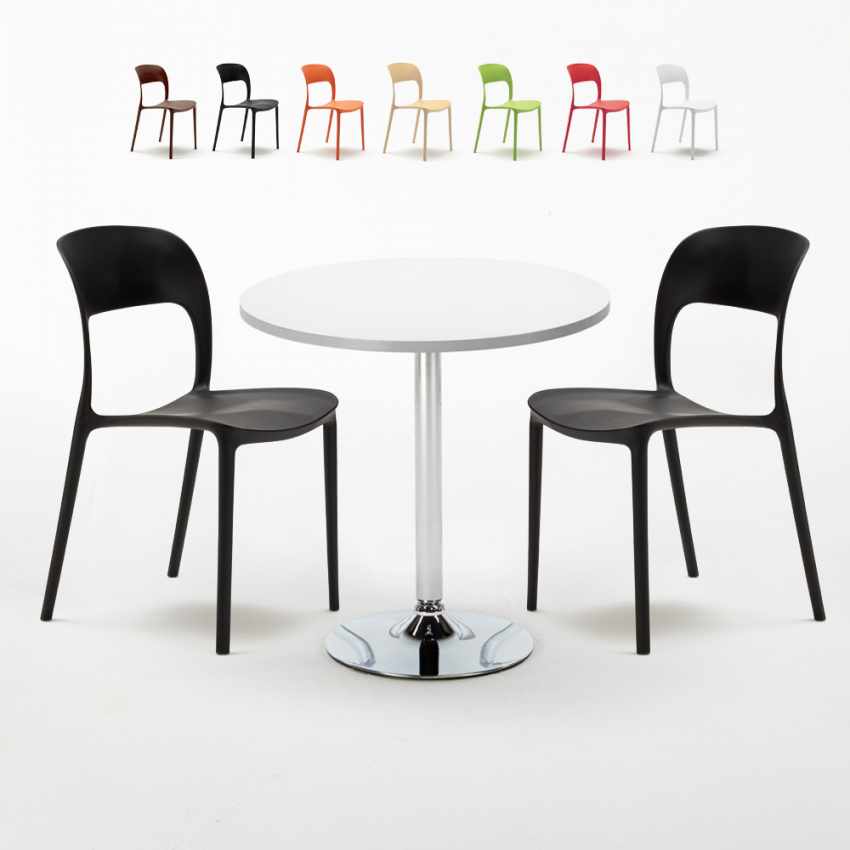 Table Ronde Blanche 70x70cm Avec 2 Chaises Colorées Set Intérieur Bar Café Restaurant Long Island