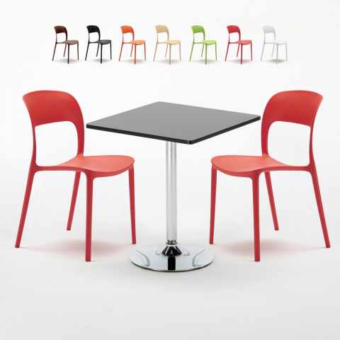 Table carrée noire 70x70cm avec 2 chaises colorées intérieur bar café Restaurant Mojito Promotion