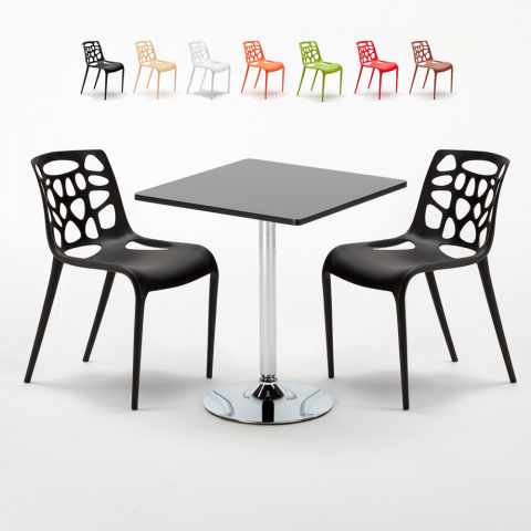 Table Carrée Noire 70x70cm 2 Chaises Colorées Intérieur Bar Café Gelateria Mojito Promotion