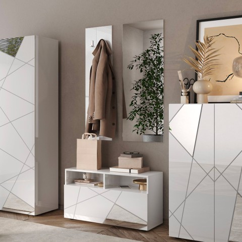 Set porte-manteaux d'entrée avec meuble à chaussures blanc laqué et miroir Freya Promotion