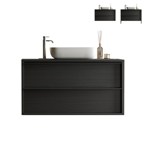 Meuble de salle de bain au sol suspendu moderne noir avec lavabo et 2 tiroirs Bloom 110 Promotion