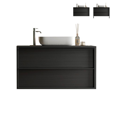 Meuble de salle de bains moderne noir suspendu au sol avec lavabo et 2 tiroirs Bloom 110 Promotion