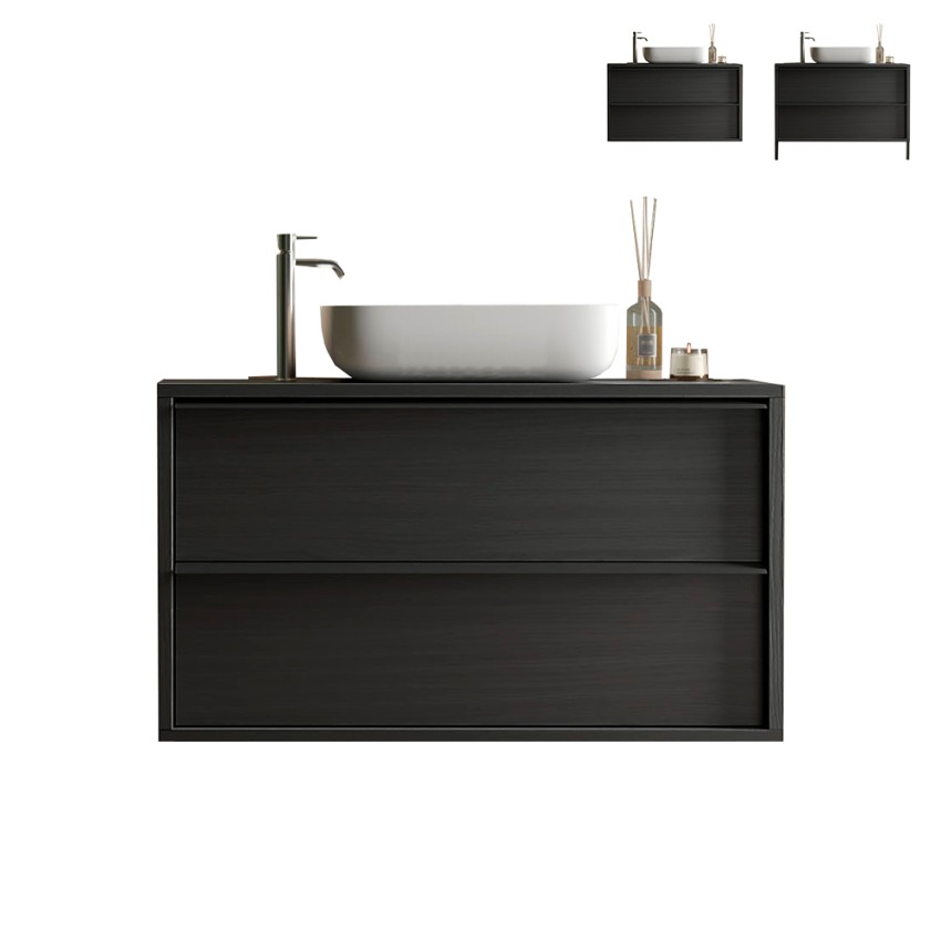 Meuble salle de bain suspendu avec lavabo 2 tiroirs noir moderne Bloom 92 Promotion