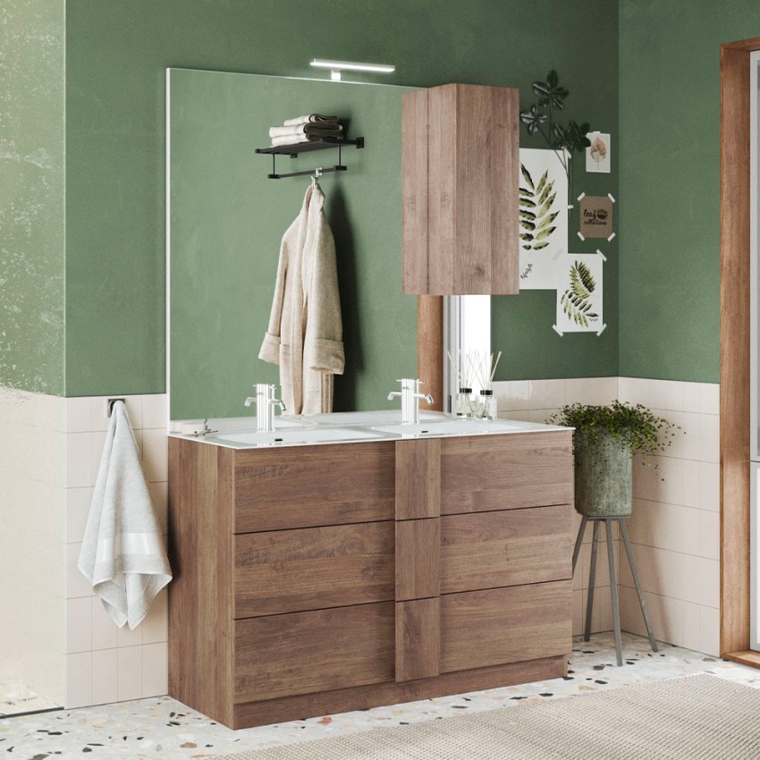 Duo de meuble de salle de bain mobile, sur pieds, avec 3 tiroirs en bois et  double lavabo, 122x47x86cm.
