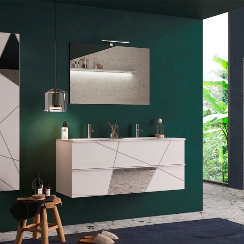 Meuble de salle de bain suspendu double vasque 2 tiroirs blanc brillant Liz S Promotion