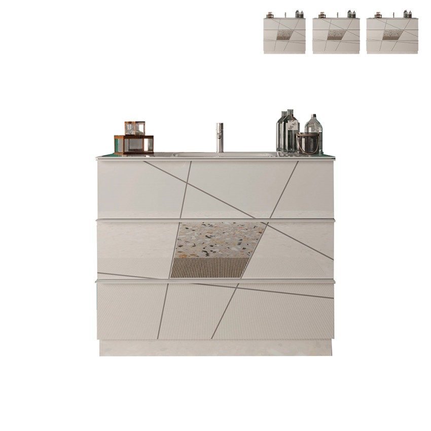Meuble de salle de bain au sol blanc brillant 3 tiroirs avec lavabo June Offre