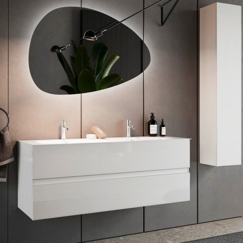 Meuble de salle de bain suspendu avec double lavabo et 2 tiroirs blanc laqué Ikon S Promotion