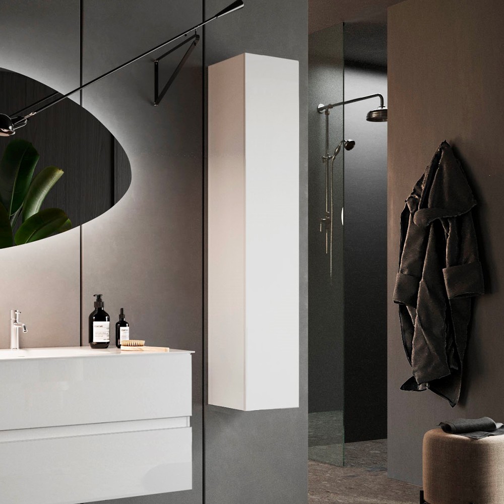 Colonne de salle de bain moderne blanc brillant, meuble suspendu à 1 porte Bove.