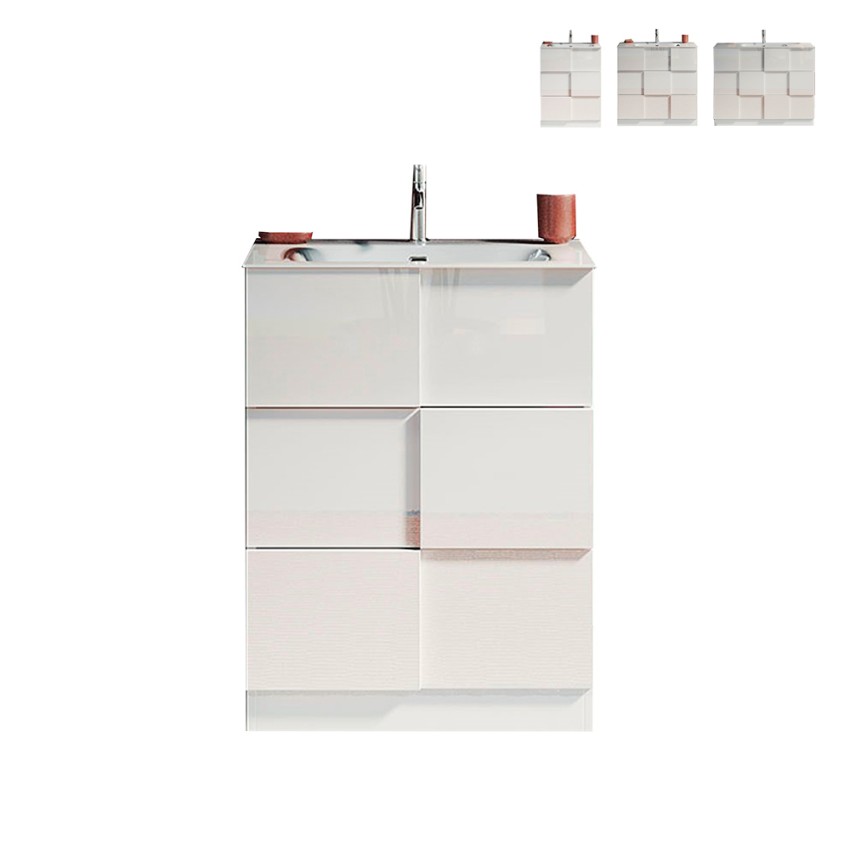 Meuble de salle de bains sur pied avec 3 tiroirs blanc brillant et lavabo Tetra Dama Offre