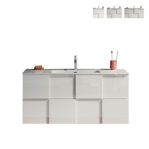 Meuble salle de bain suspendu blanc brillant avec lavabo et 3 tiroirs Gambit Dama Promotion
