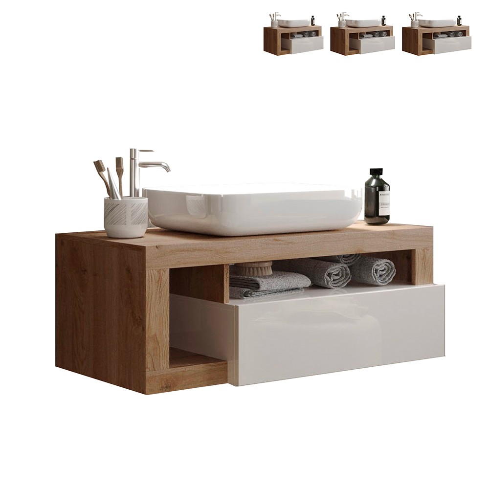 Meuble de salle de bain moderne suspendu avec tiroir lavabo en bois blanc Kura BW.