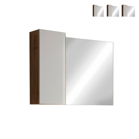 Armoire colonne de salle de bain 1 porte avec miroir à LED blanc effet chêne Pilar BW Promotion
