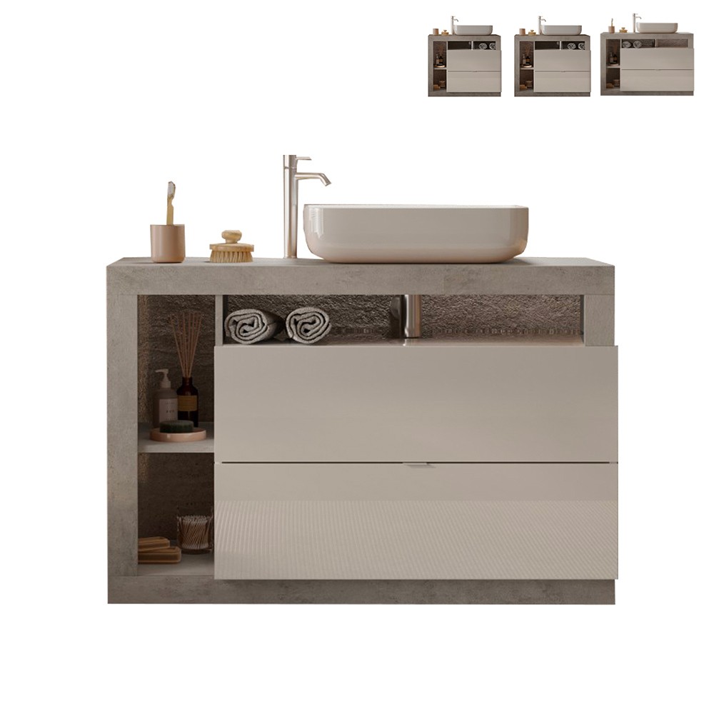 Meuble de salle de bain sur pied avec lavabo et deux tiroirs Jarad BC en blanc gris ciment.