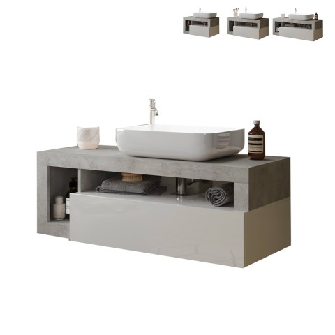 Meuble de salle de bain suspendu avec tiroir, lavabo blanc brillant gris Kura BC Promotion
