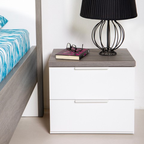 Table de chevet 2 tiroirs chambre à coucher blanc laqué avec plateau en chêne Remil Promotion