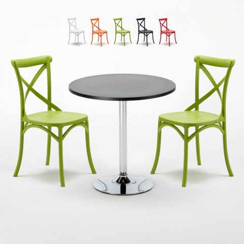Table ronde noire 70x70cm et 2 Chaises Colorées Set Intérieur Bar Café Vintage Cosmopolitan