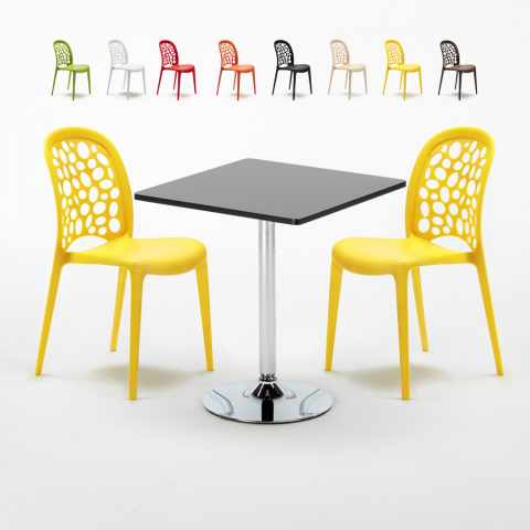 Table Carrée Noire 70x70cm et 2 Chaises Colorées Set Intérieur Bar Café WEDDING Mojito