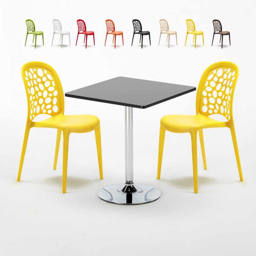 Table Carrée Noire 70x70cm Avec 2 Chaises Colorées Set Intérieur Bar Café WEDDING Mojito