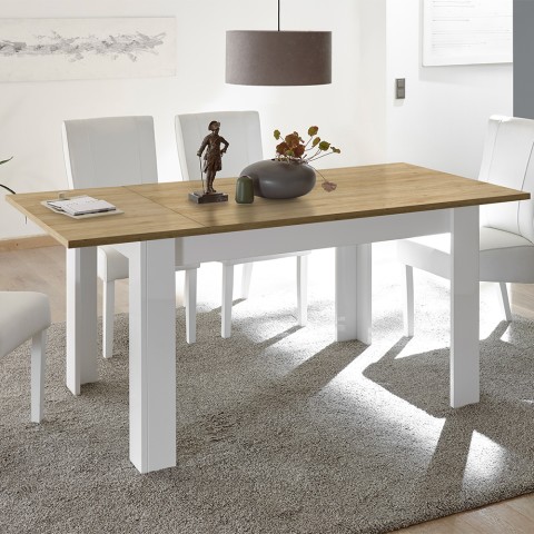 Table à manger extensible en chêne blanc brillant 90x137-185cm Bellevue Promotion