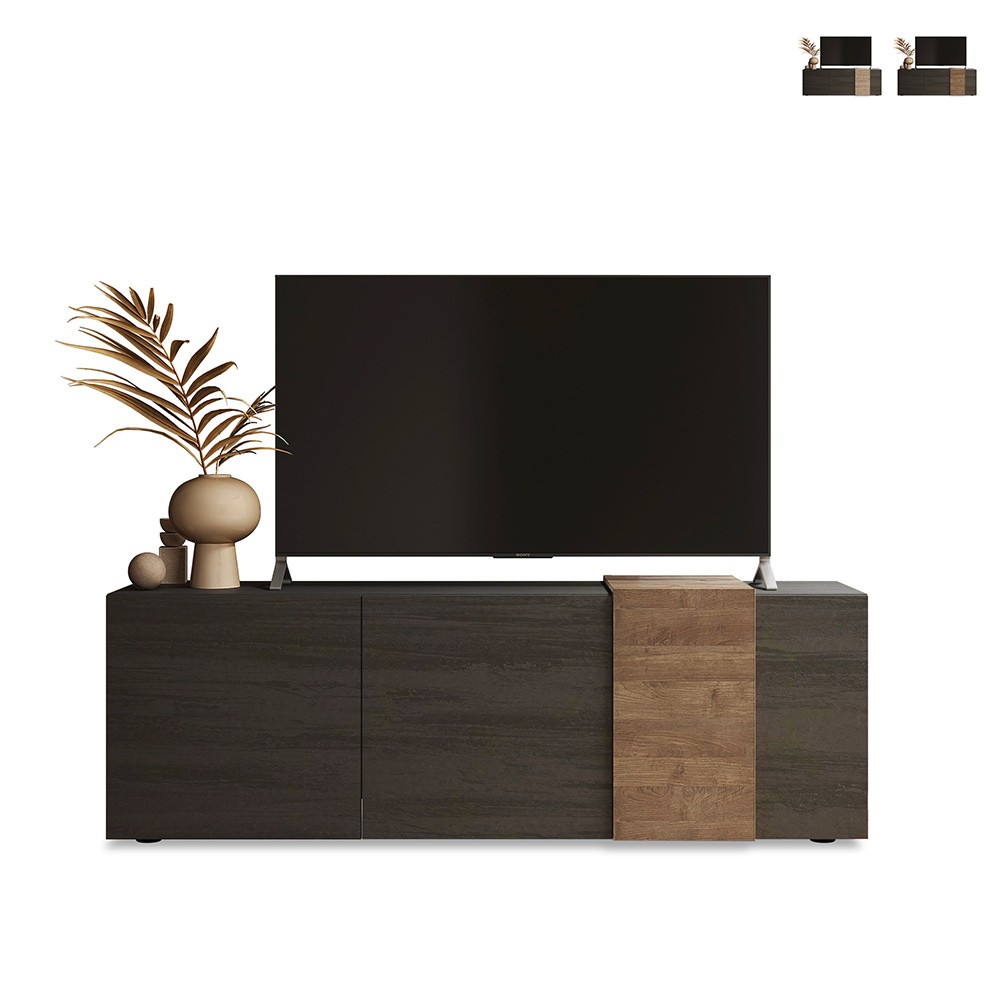 Meuble TV design moderne 3 portes en bois gris 181x44x59cm Suite