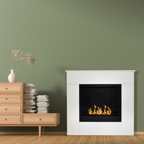 Cheminée au bioéthanol autoportante cadre en bois blanc 96x35x90h Michelangelo Promotion