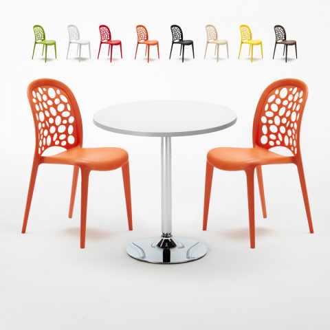 Table Ronde Blanche 70x70cm Avec 2 Chaises Colorées Set Intérieur Bar Café WEDDING Long Island