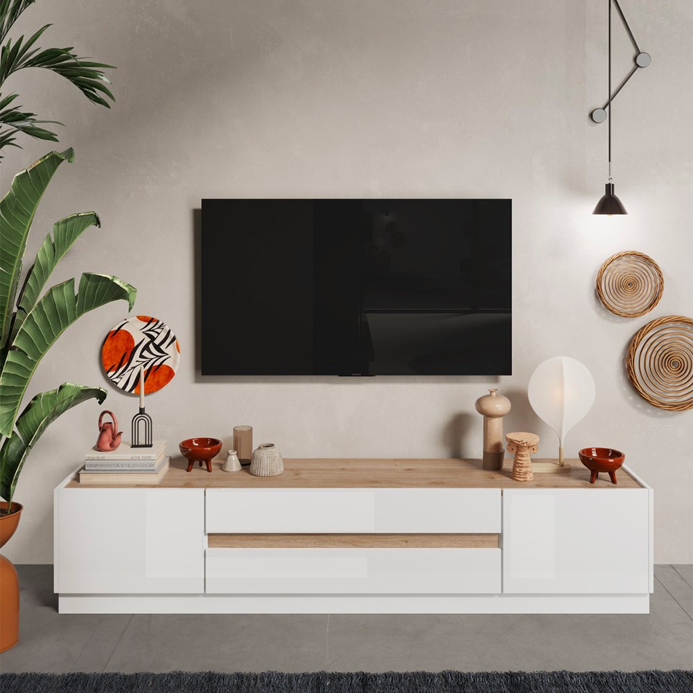 Meuble TV bas en bois 205x40x44cm avec 2 portes 2 tiroirs Venice