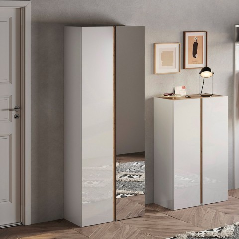 Armoire à chaussures d'entrée 2 portes miroir blanc brillant chêne Alba Promotion