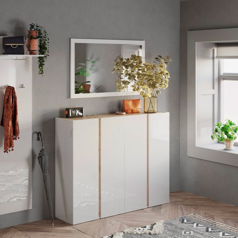 Meuble à chaussures moderne 4 portes blanc brillant chêne 140x35x111cm Chelsea Promotion
