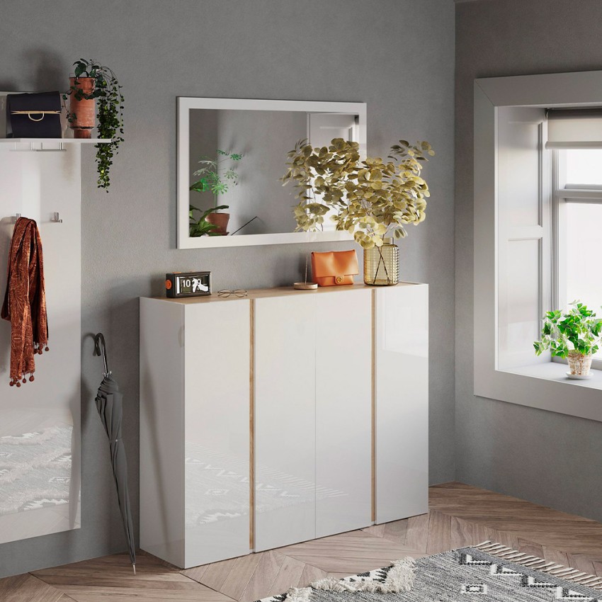 Meuble à chaussures moderne 4 portes blanc brillant chêne 140x35x111cm Chelsea Promotion
