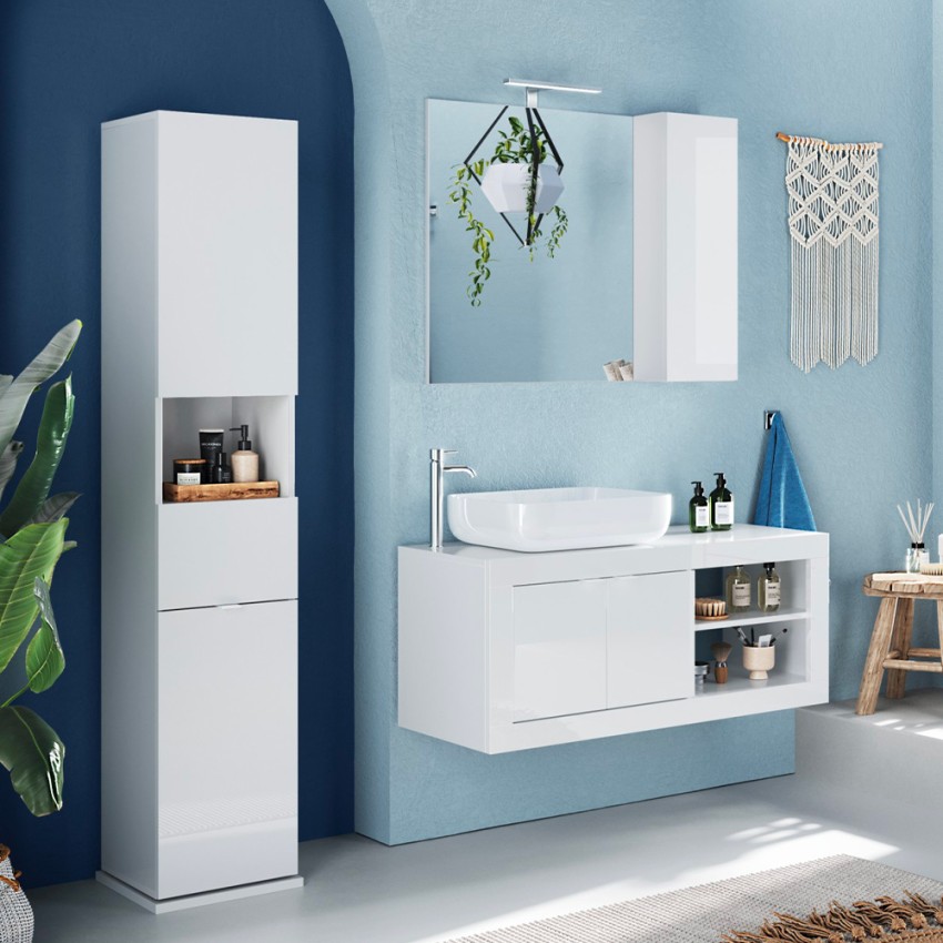 Colonne de salle de bain pivotante blanche avec porte-miroir et tiroir Tilda Promotion Colonne de salle de bain pivotante blanche avec porte-miroir et tiroir Tilda Promotion
