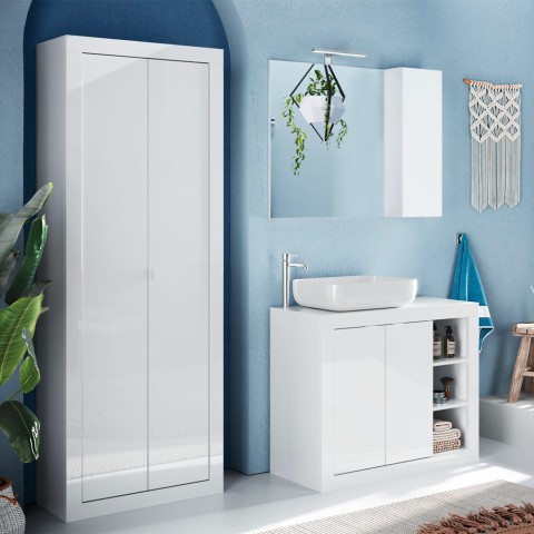 Armoire 2 portes salle de bain polyvalente blanc brillant 70x35x188cm Jude Promotion