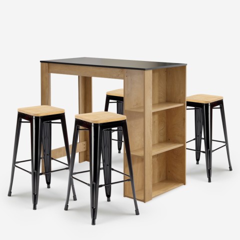 table haute en bois 120x60cm + 4 tabourets de bar Lix noir syracuse Promotion