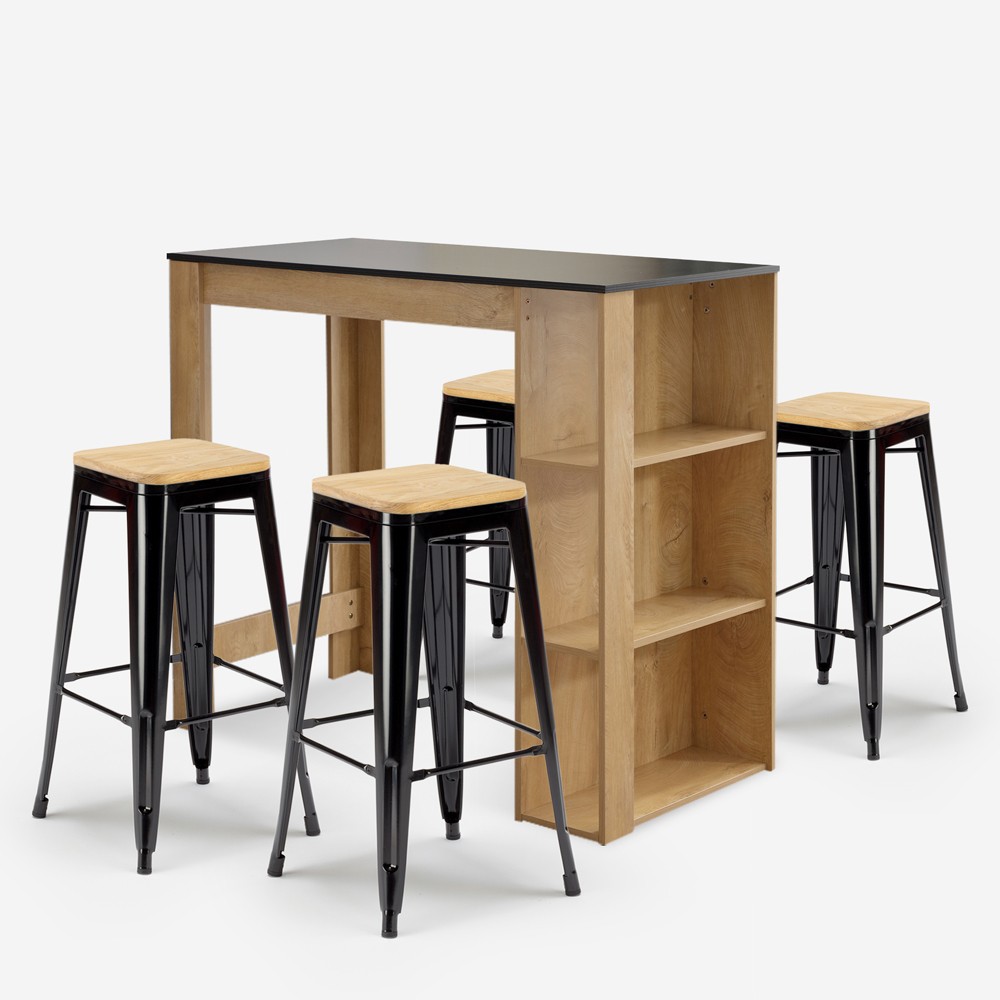 table haute en bois 120x60cm + 4 tabourets de bar noir syracuse