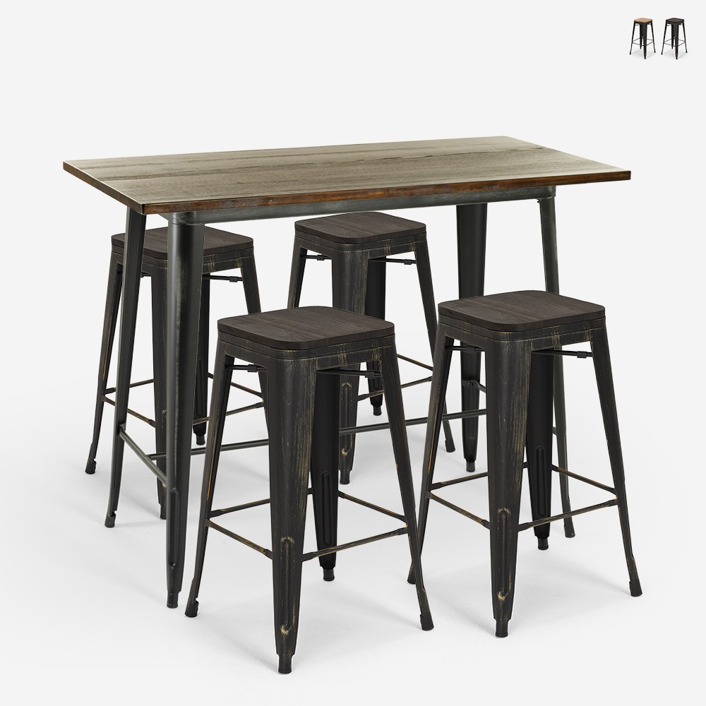 table 120x60 noir vintage + 4 tabourets de bar style fordville