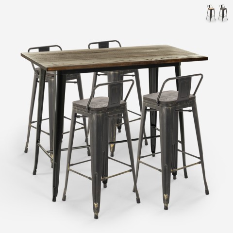 table haute noire 120x60 + 4 tabourets de bar avec dossier wahoo Promotion