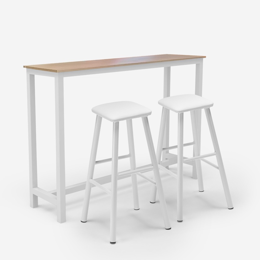 Table haute 140x40 bois métal+ 2 tabourets de bar blancs Quincy