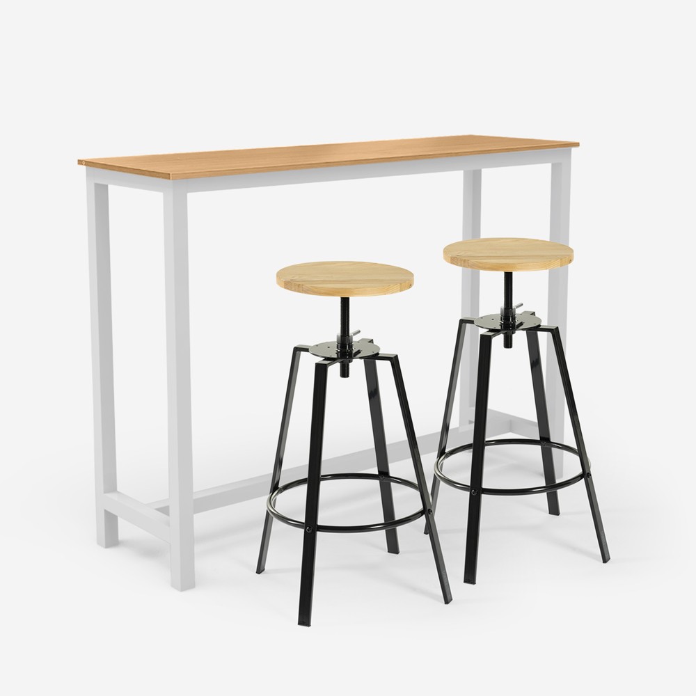 Table haute 140x40cm blanche en bois + 2 tabourets pivotants Creswell