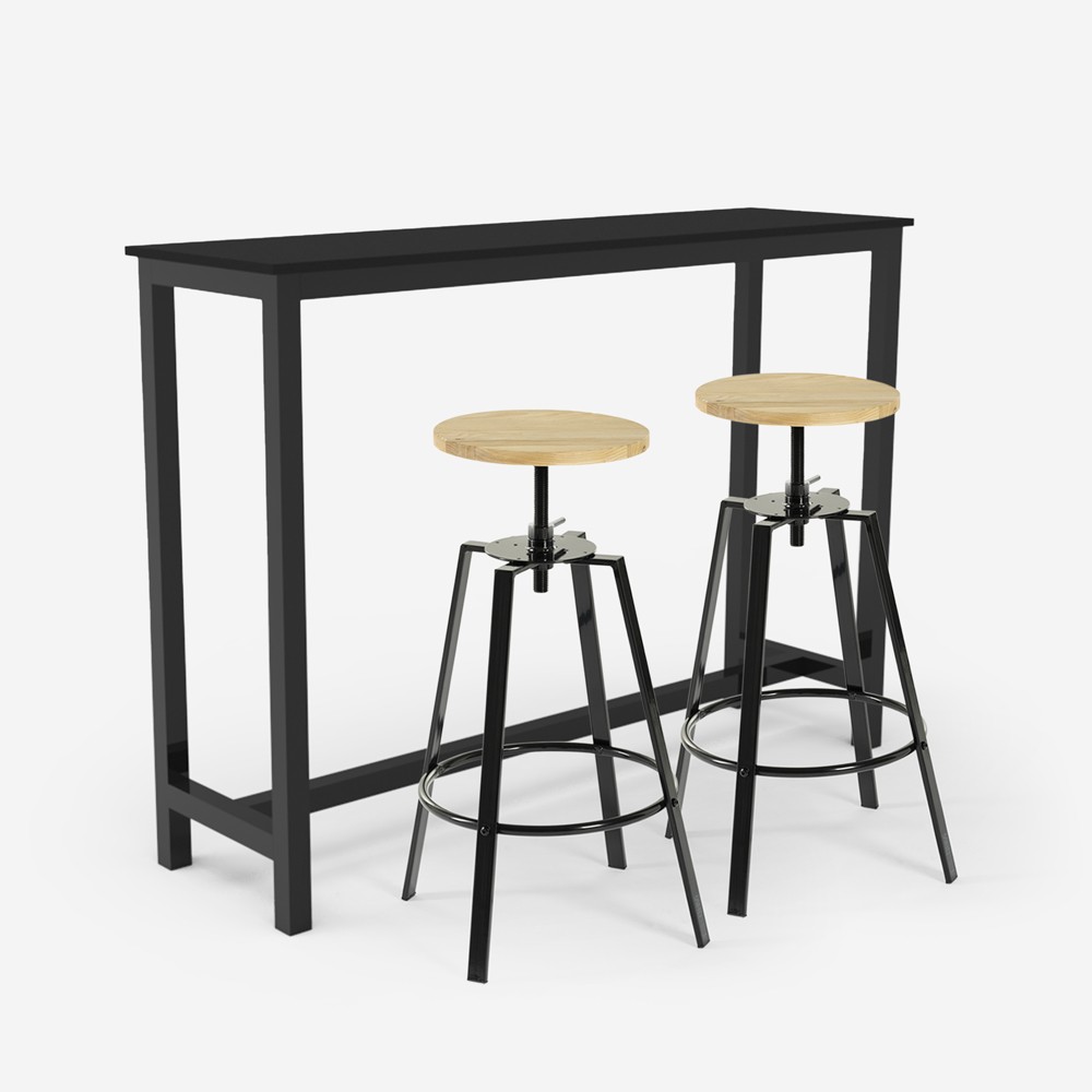 Table haute noire 140x40cm + 2 tabourets de bar pivotants Essex