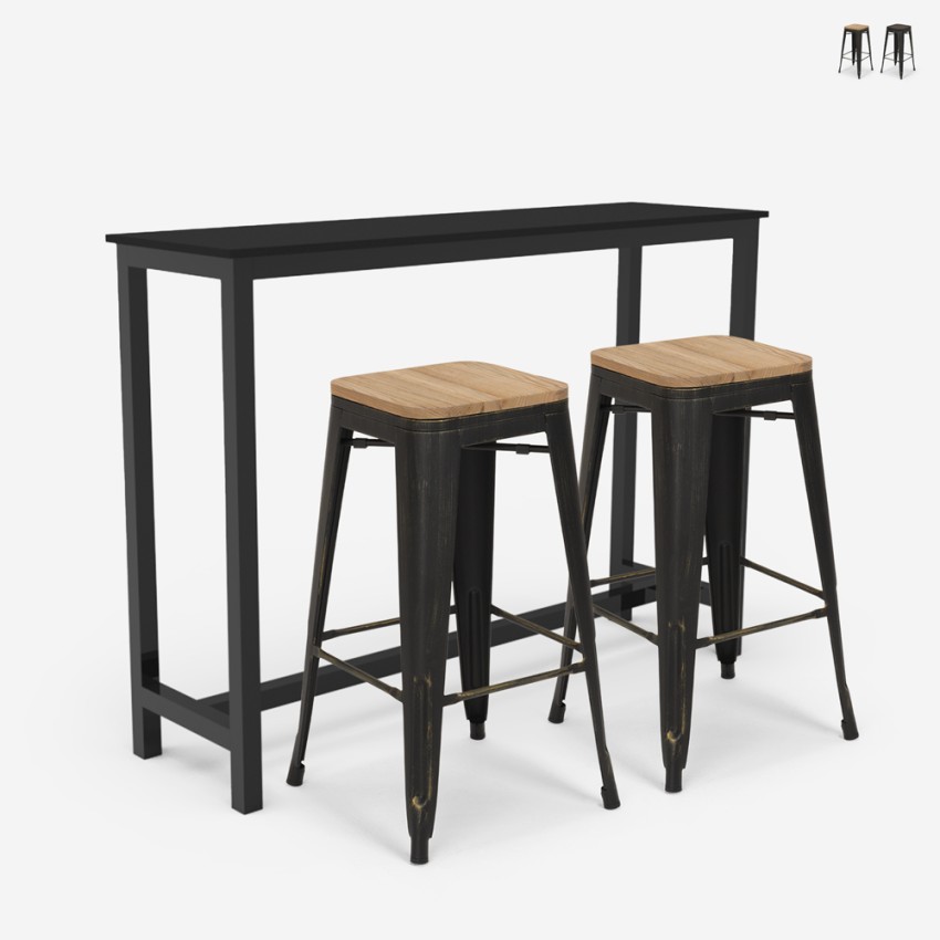 table haute cuisine + 2 tabourets style bois métal noir seymour Promotion table haute cuisine + 2 tabourets style bois métal noir seymour Promotion